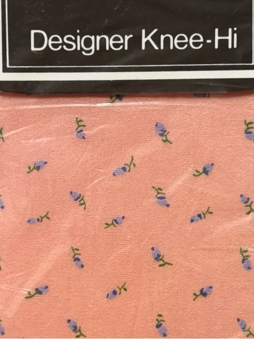 LEG LINES Designer Knee Highs Peach with Small Blue Flowers VINTAGE 1980s